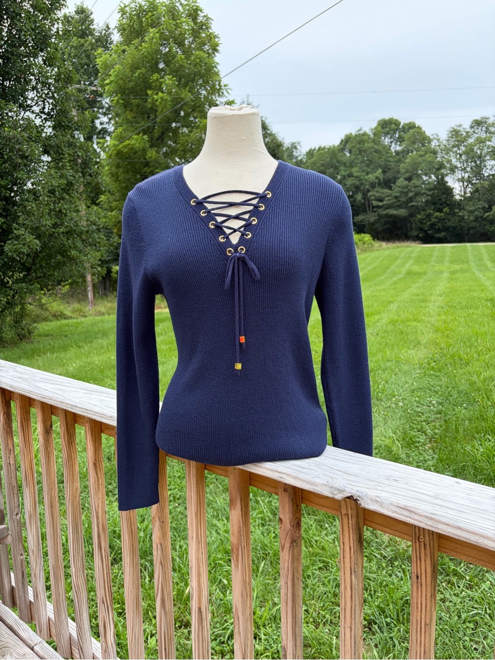 MICHAEL KORS Top Women Large Navy Blue Tight Knit Pullover Tie Neck Metallic